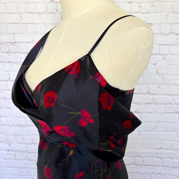NICHOLAS Finley Silk Asymmetrical Draped Black Poppy Floral Midi Dress--4 - Picture 6 of 16